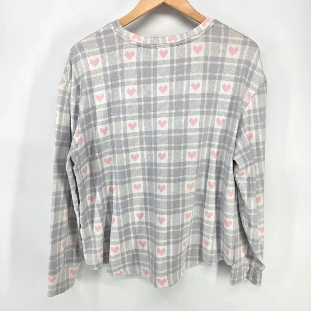 Loft Pajama Set Womens Large Gray Pink Heart Plaid Sleepwear Loungewear 2 Piece